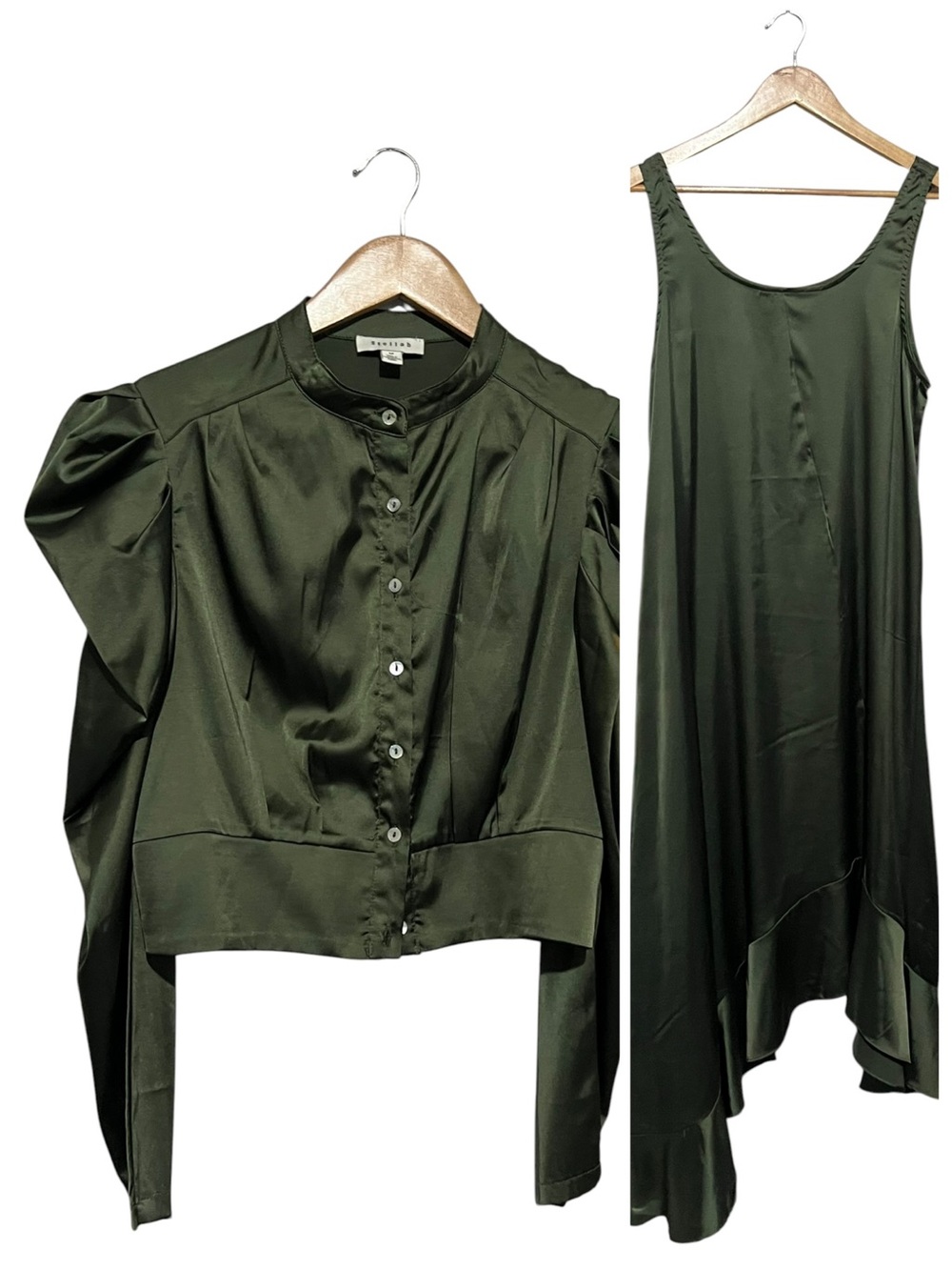 Stellah Women's Green Satin Dress Set Size Small